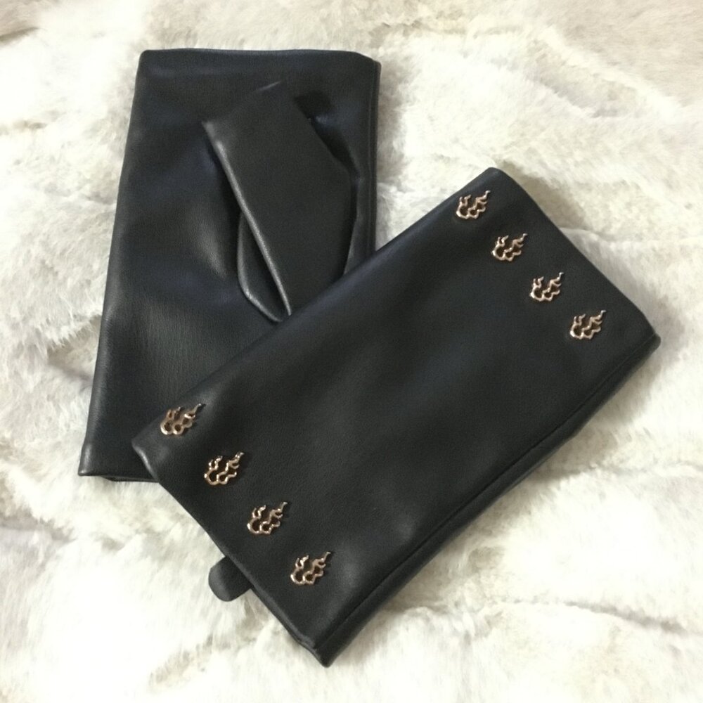 Cybergoth Black Vegan Leather Fingerless Gloves with Metal Golden Flames